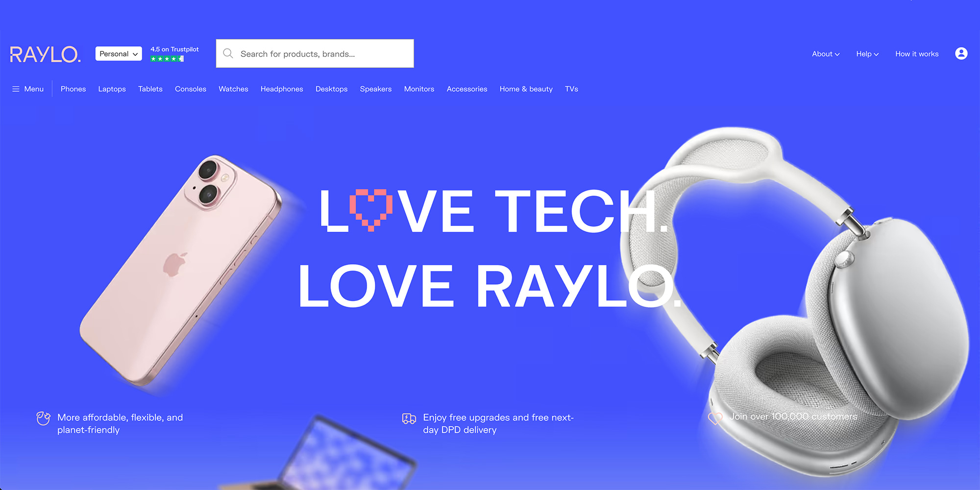 Raylo website page showing different tech on offer (smartphone and headphones)