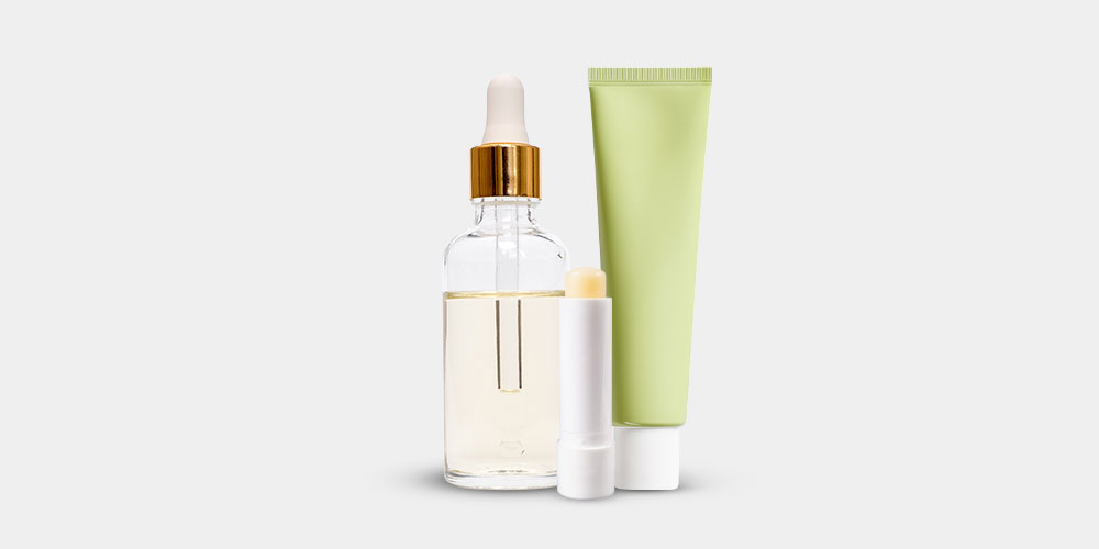 Skincare products including lip balm, body lotion and face oil