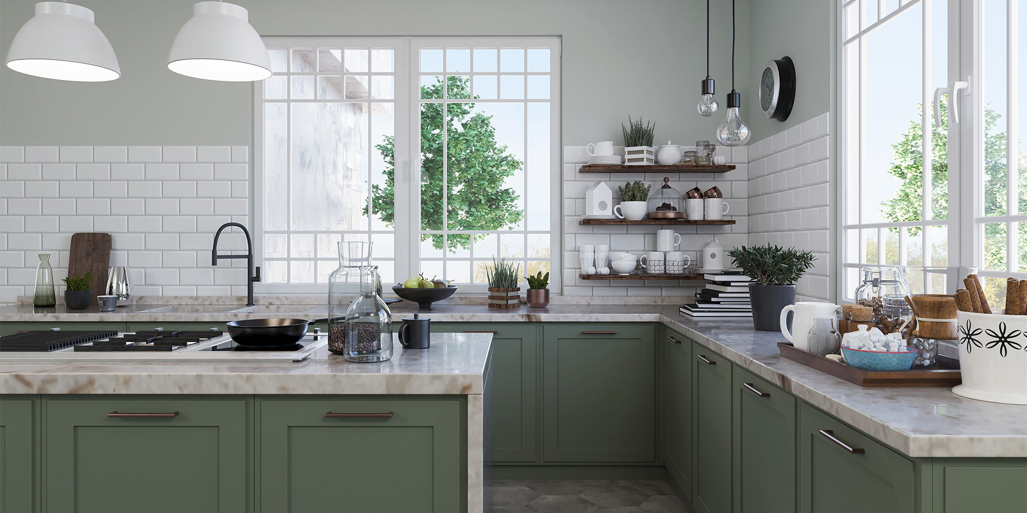 large kitchen with green cabinets and open shelving