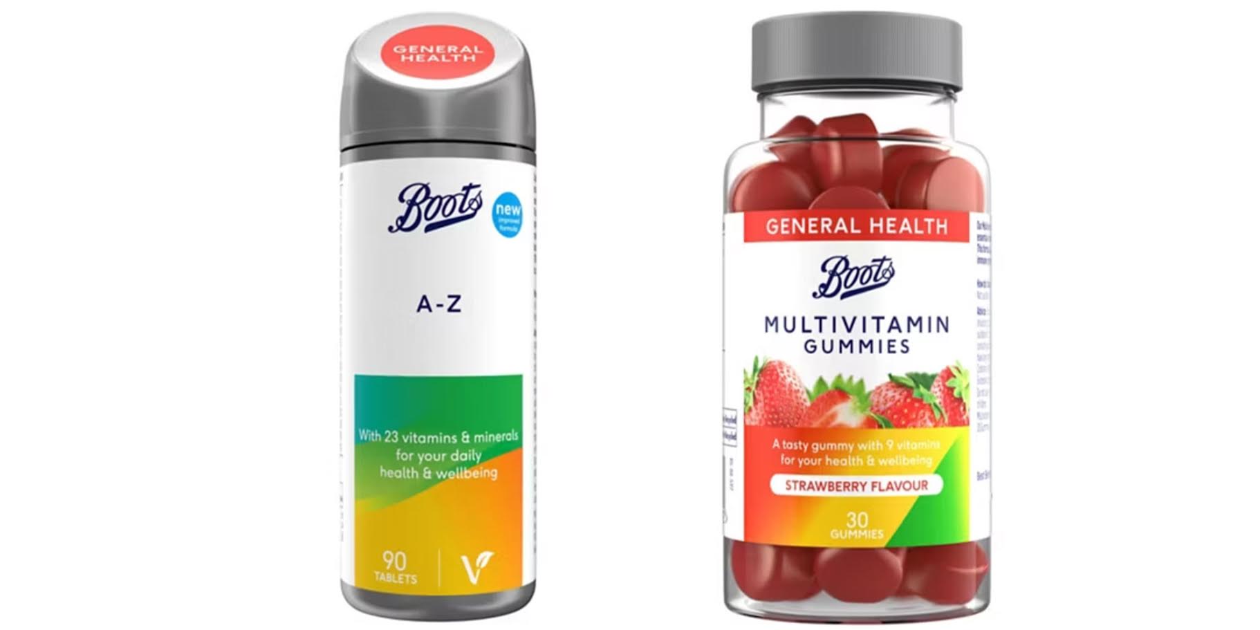 Boots multivitamin tablets and gummies side by side