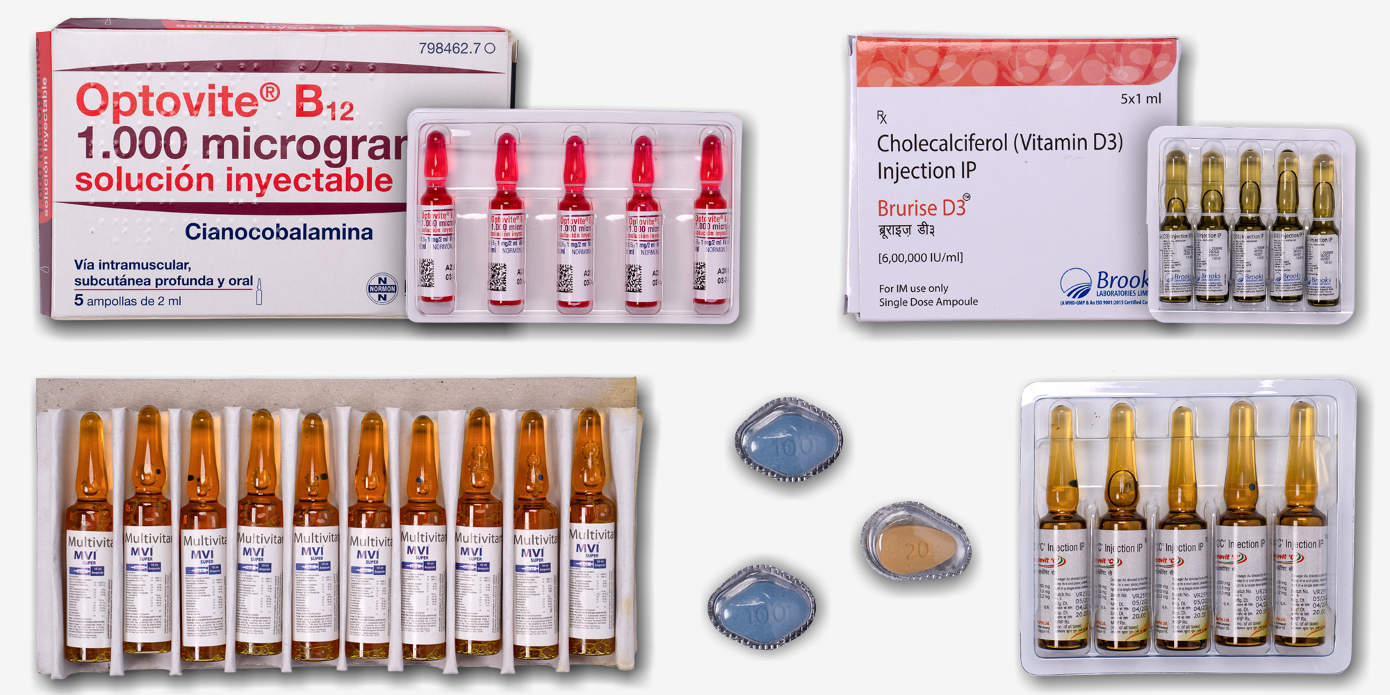 The contents of our Etsy order: vitamin B12, D3, multivitamin injectables and three loose unnamed pills