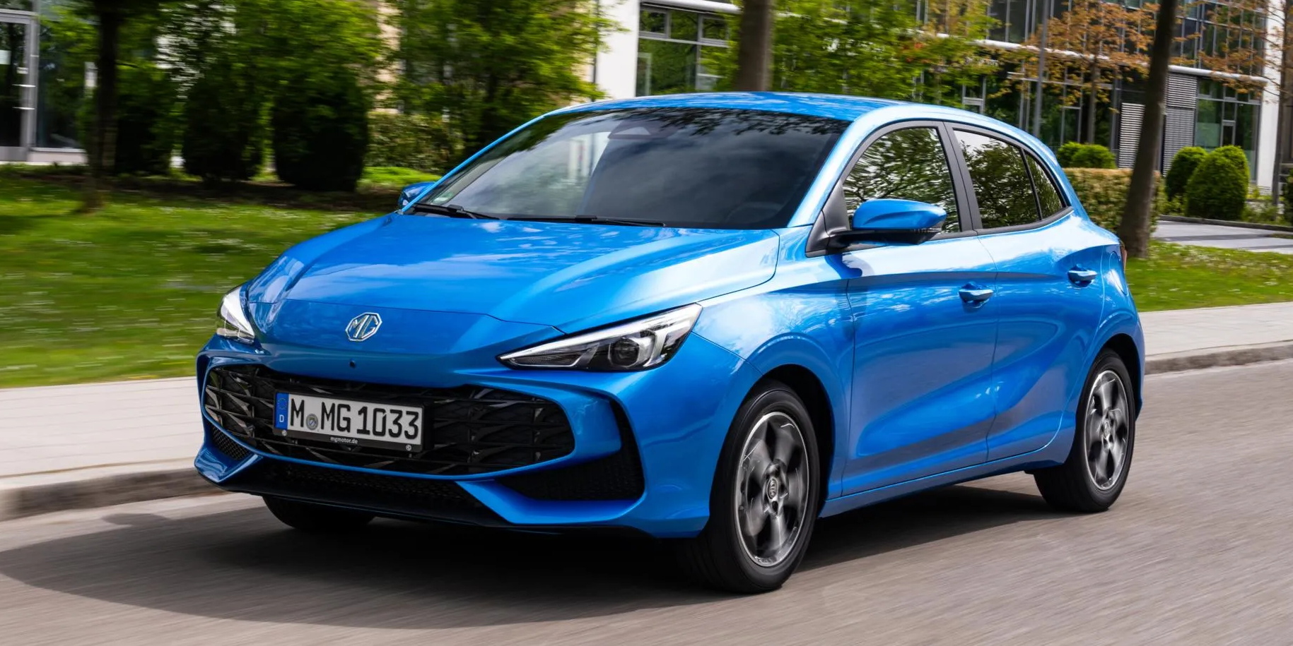 Blue MG 3 hatchback car on the road
