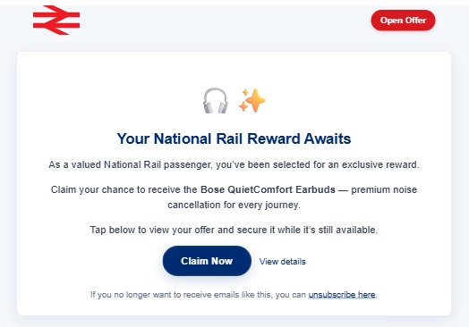 A scam email impersonating National Rail