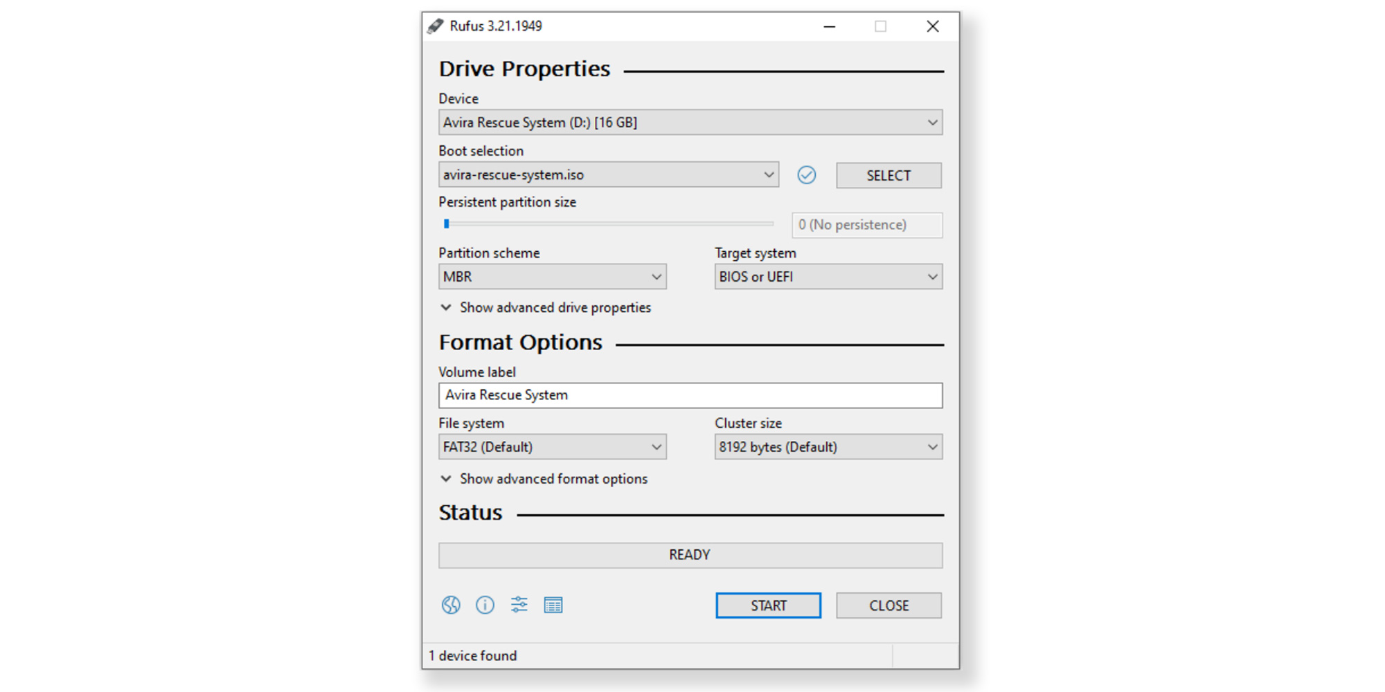 Avira Rescue ISO on USB stick