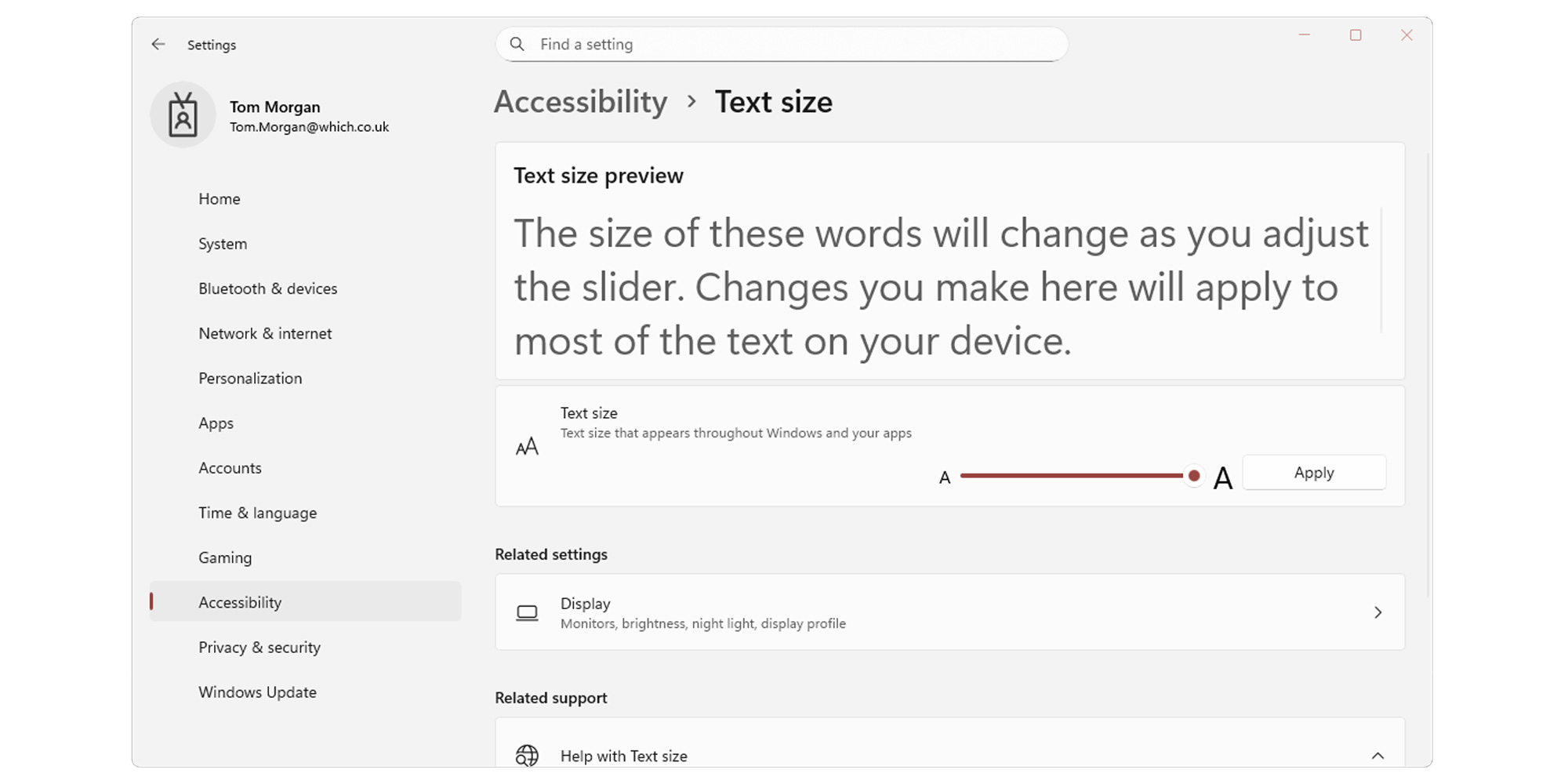 Text size settings on Windows 11