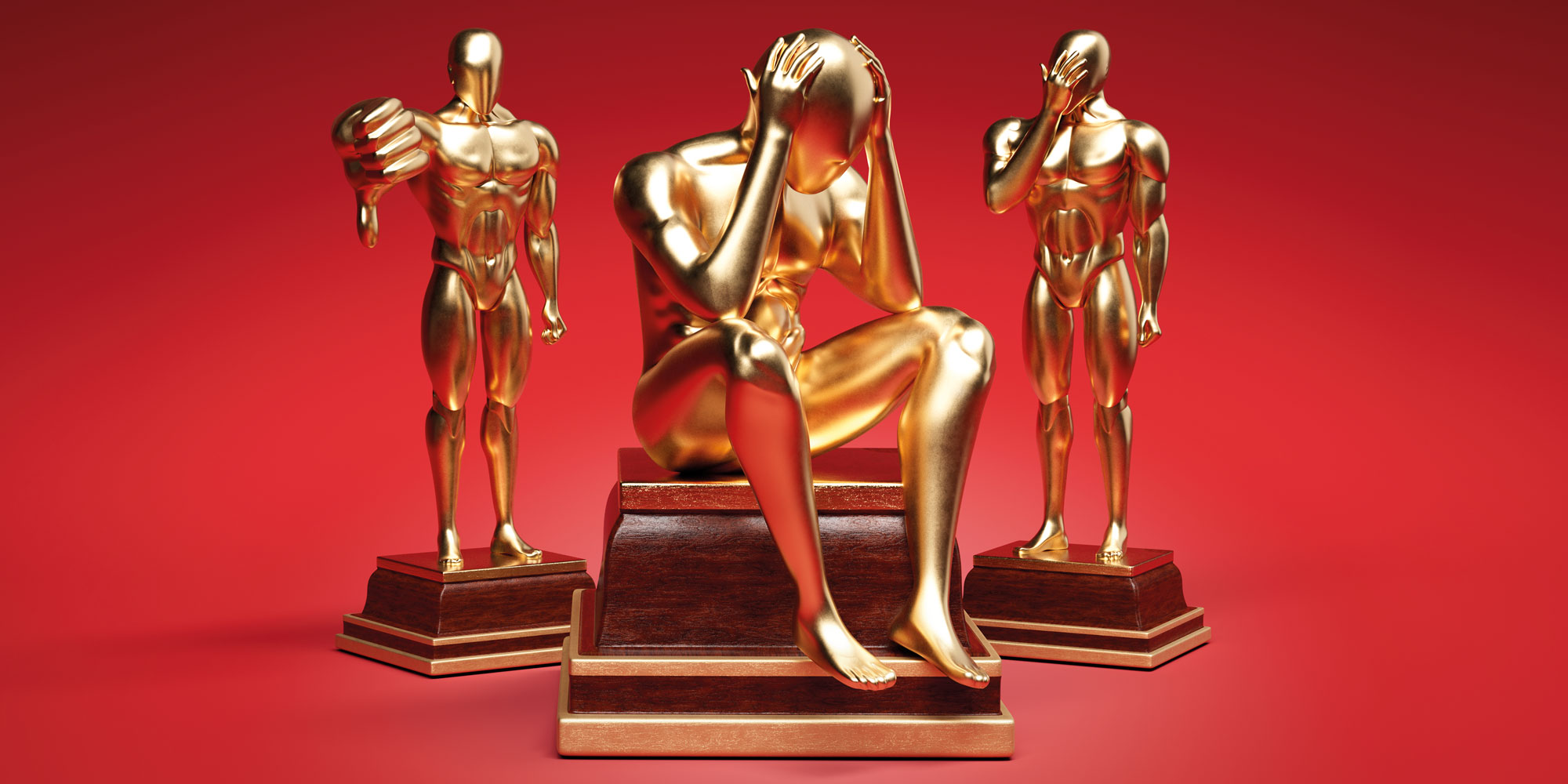 Three statuettes with thumbs down, head in hands, and hand to face