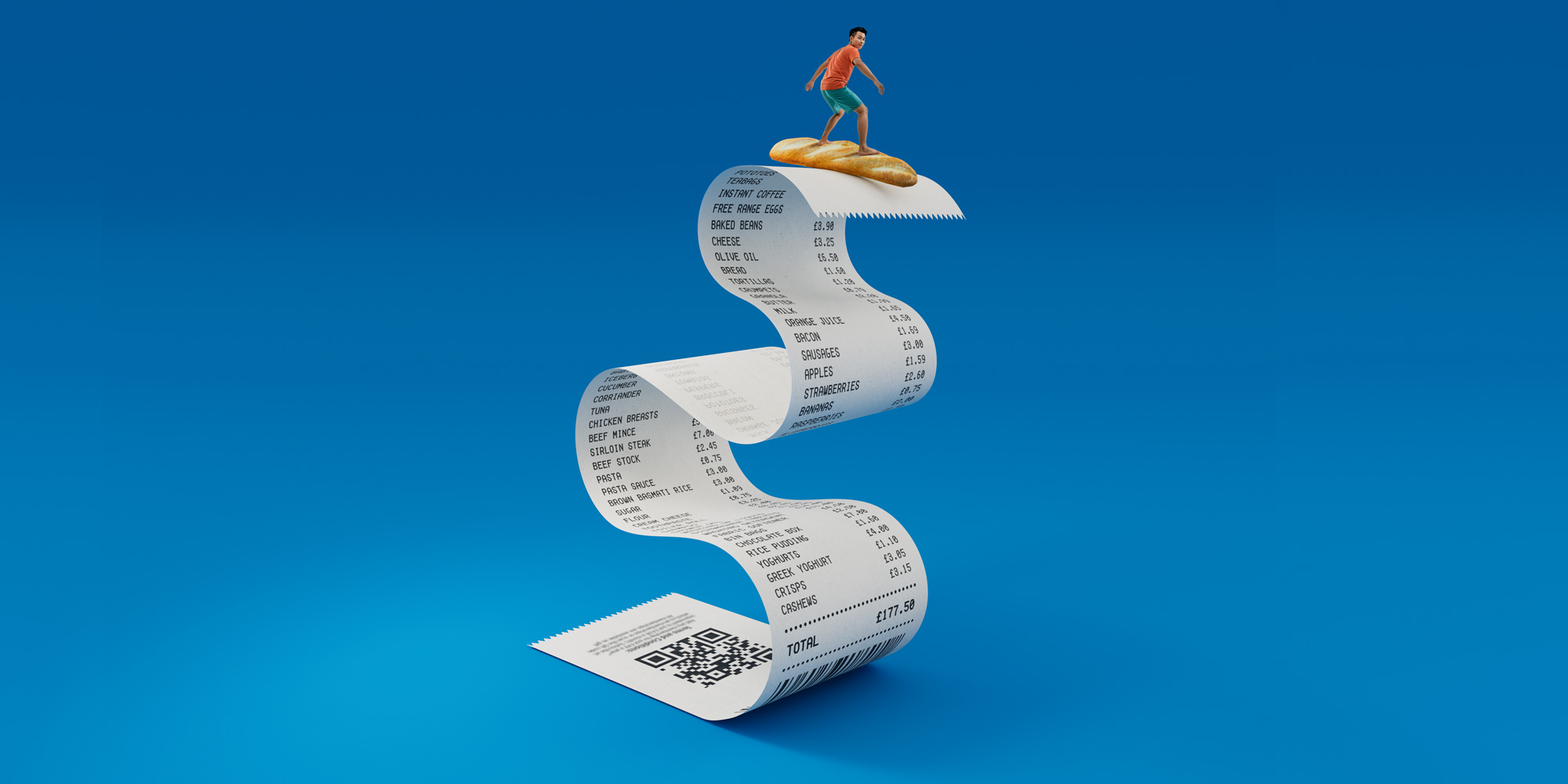 Illustration of surfer riding a wave made of a supermarket receipt
