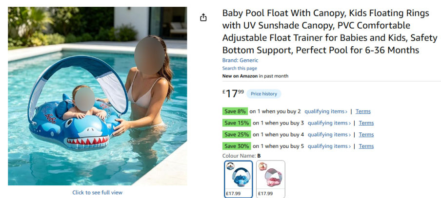 Dangerous baby swim float with canopy
