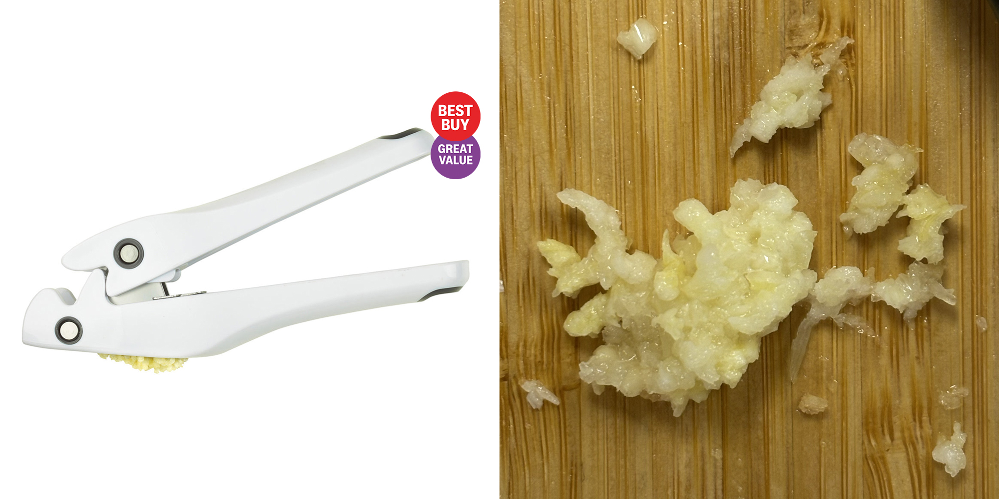 Left: Lakeland garlic press with Which? Best Buy and Great value logo, right: garlic produced from garlic press on wood board