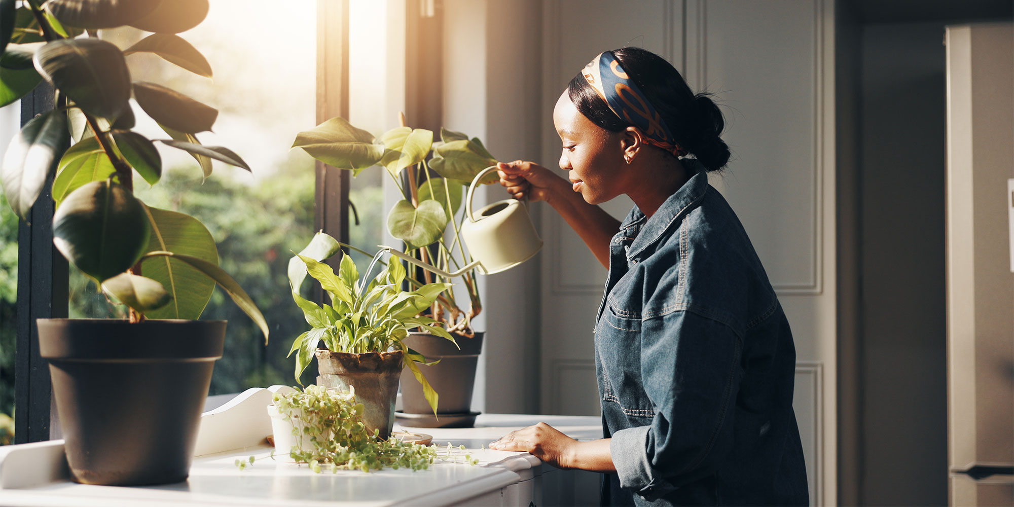 Woman watering houseplants
