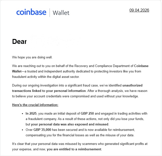 An email impersonating Coinbase