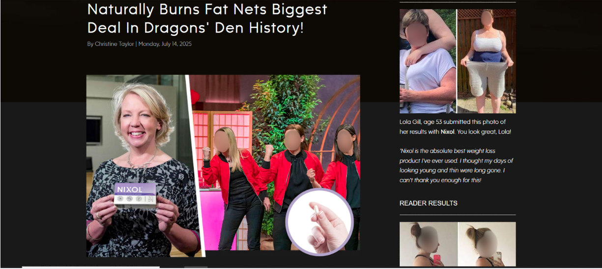 A website claiming that Nixol has been pitched on TV show Dragon's Den