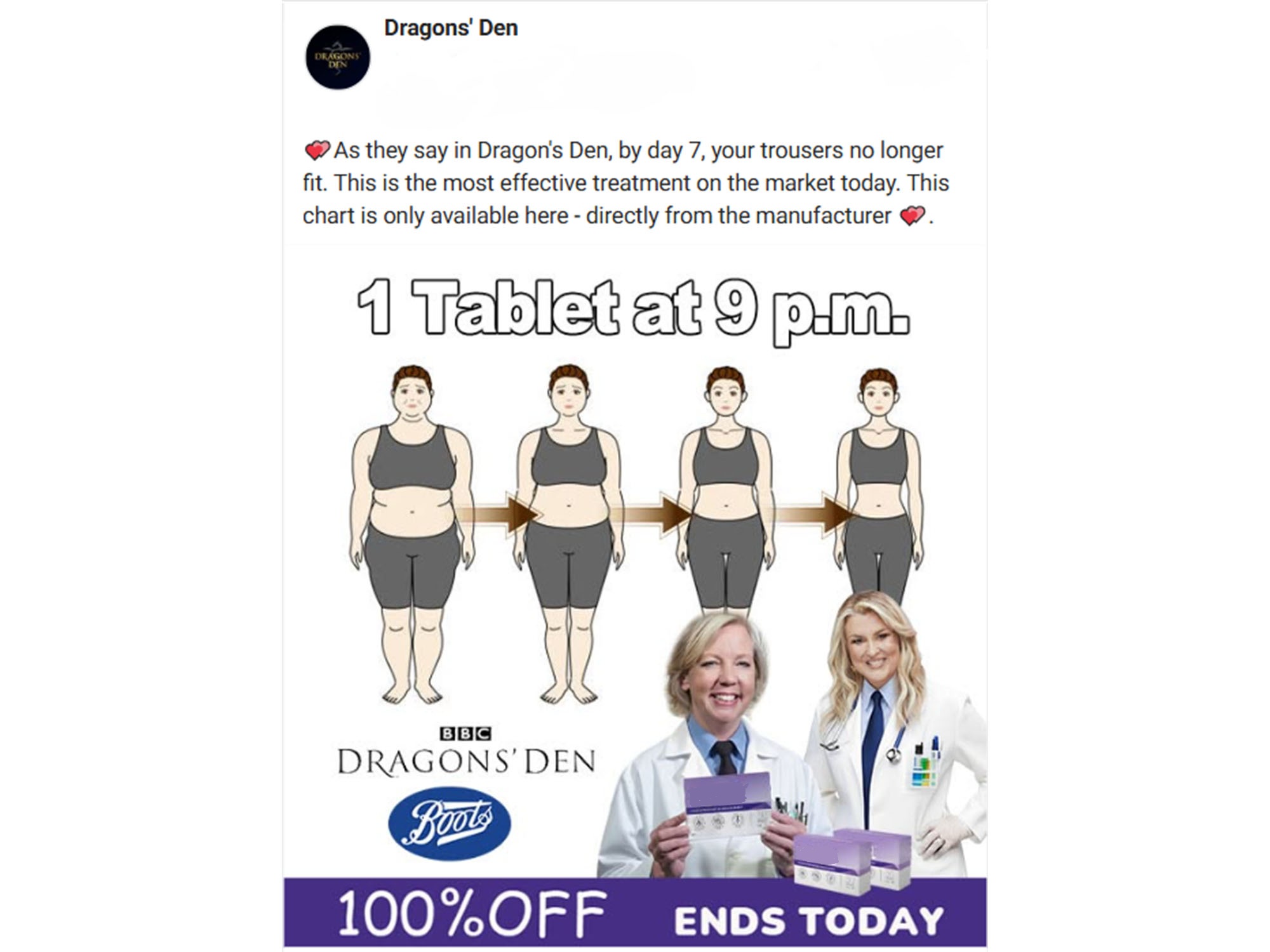 A scam ad impersonating Dragons' Den and Boots to sell diet pills