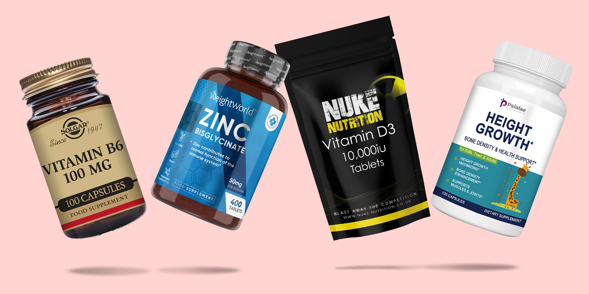 Solgar vitamin B6 100mg supplement, WeightWorld zinc 50mg supplement, Nuke Nutrition vitamin D3 10,000 IU supplement, Pslalae 'Height Growth' supplement