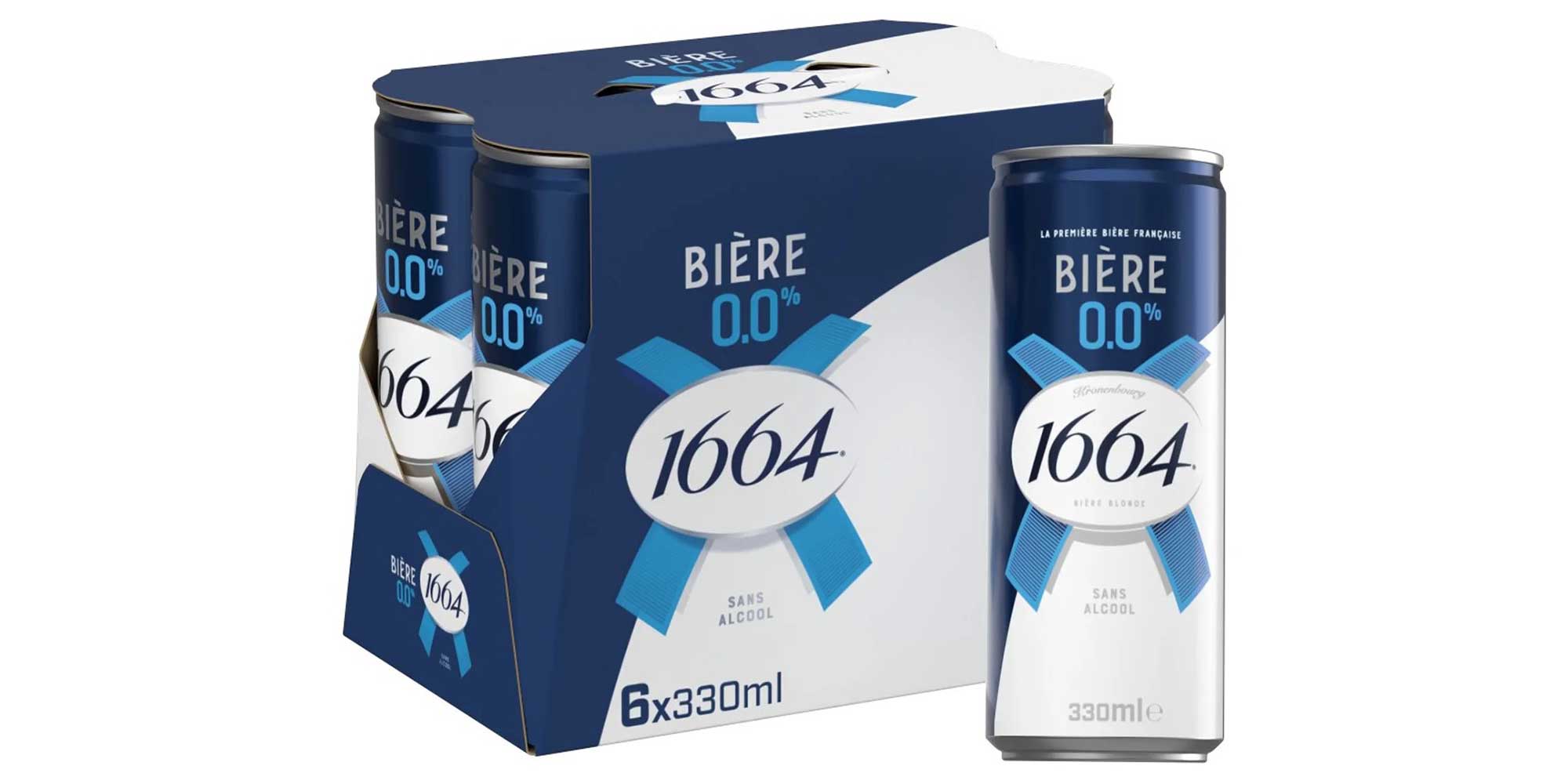 Cans of 1664 zero alcohol beer in six pack