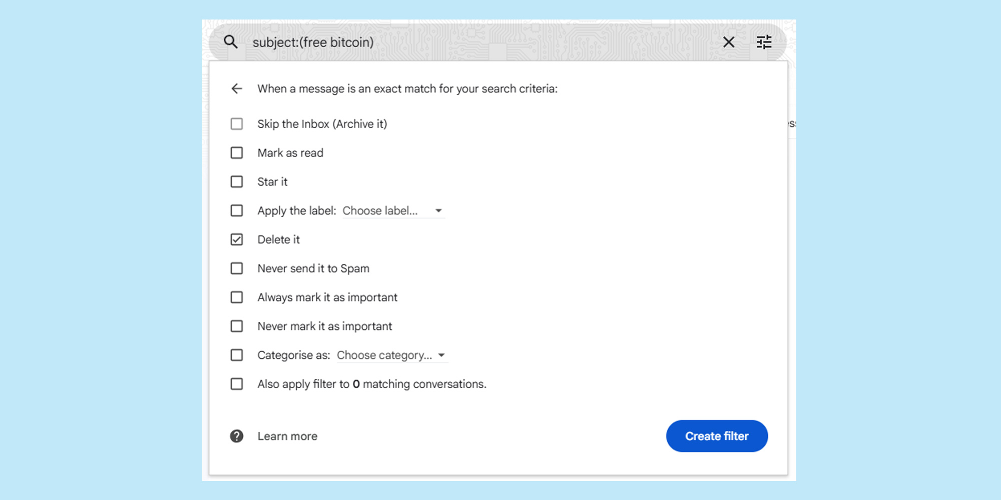 Gmail filter settings