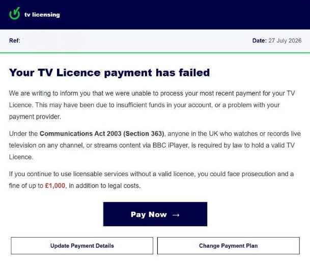 A scam email impersonating TV Licensing