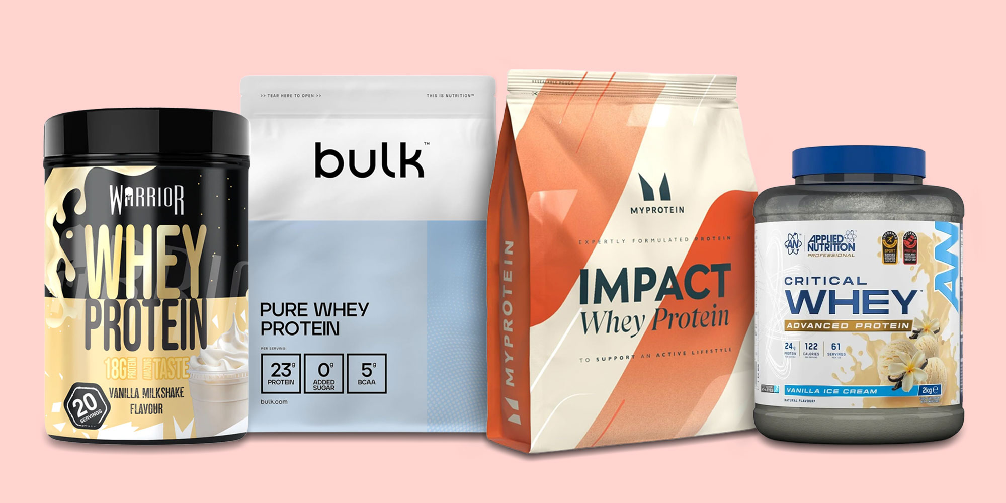 Image containing four popular brands of protein powder
