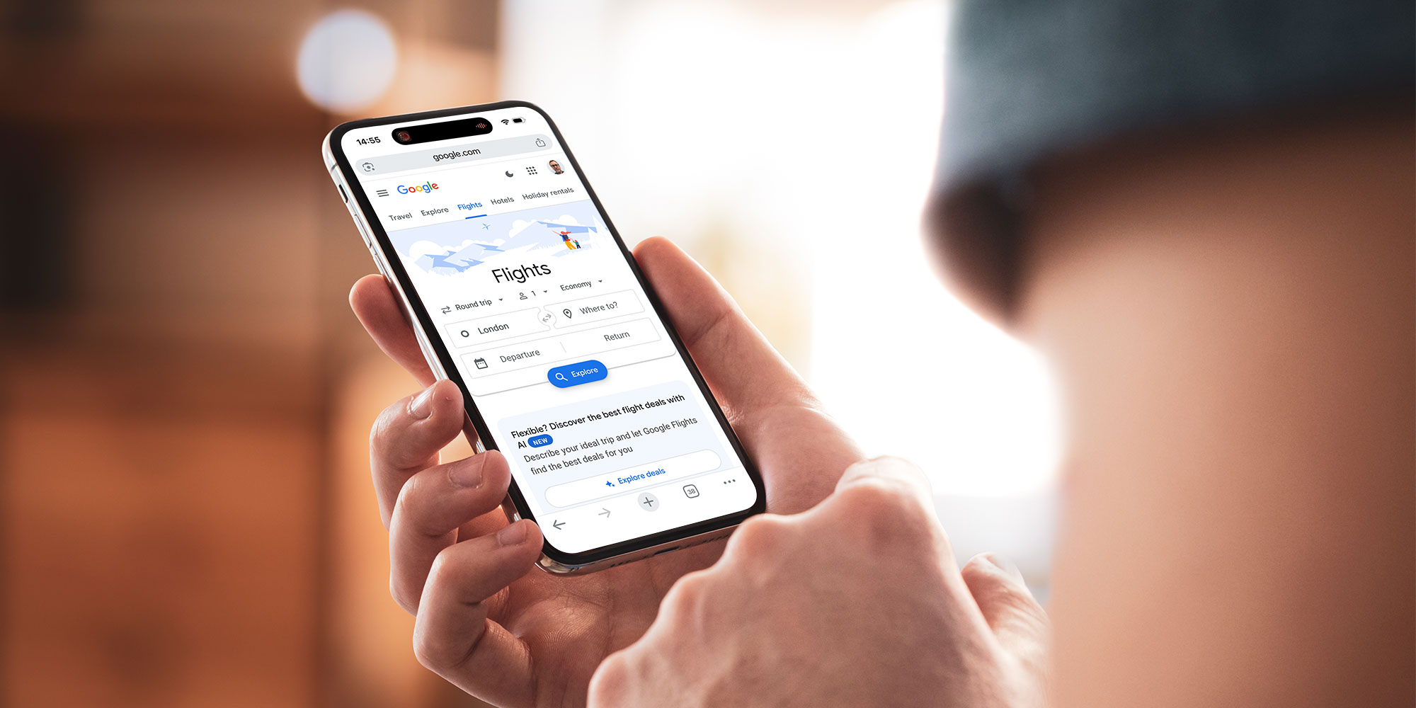 Person using Google Flights on their phone
