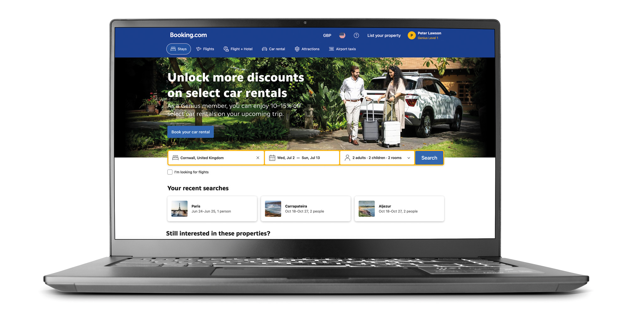Booking.com home page displayed on a laptop
