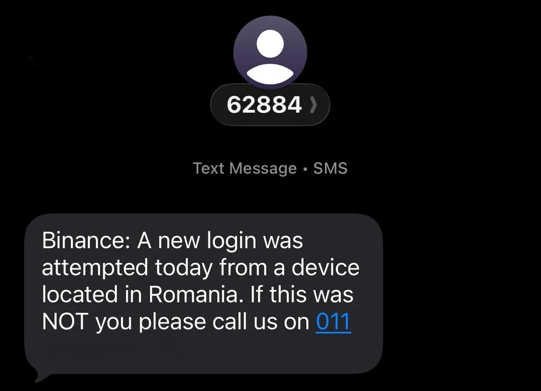 A text message claiming to be from Binance