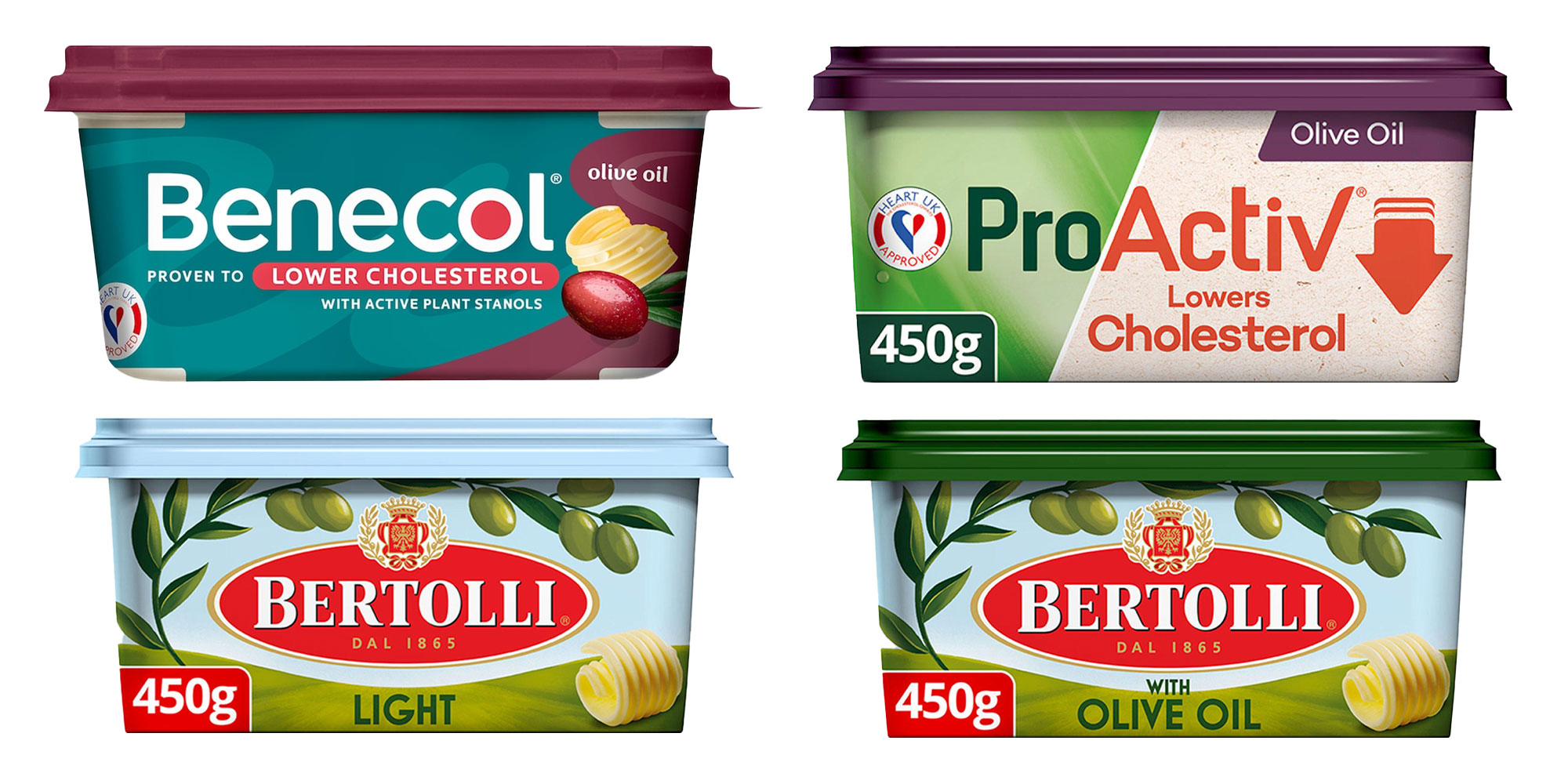 Pack shots of four olive oil spreads together.