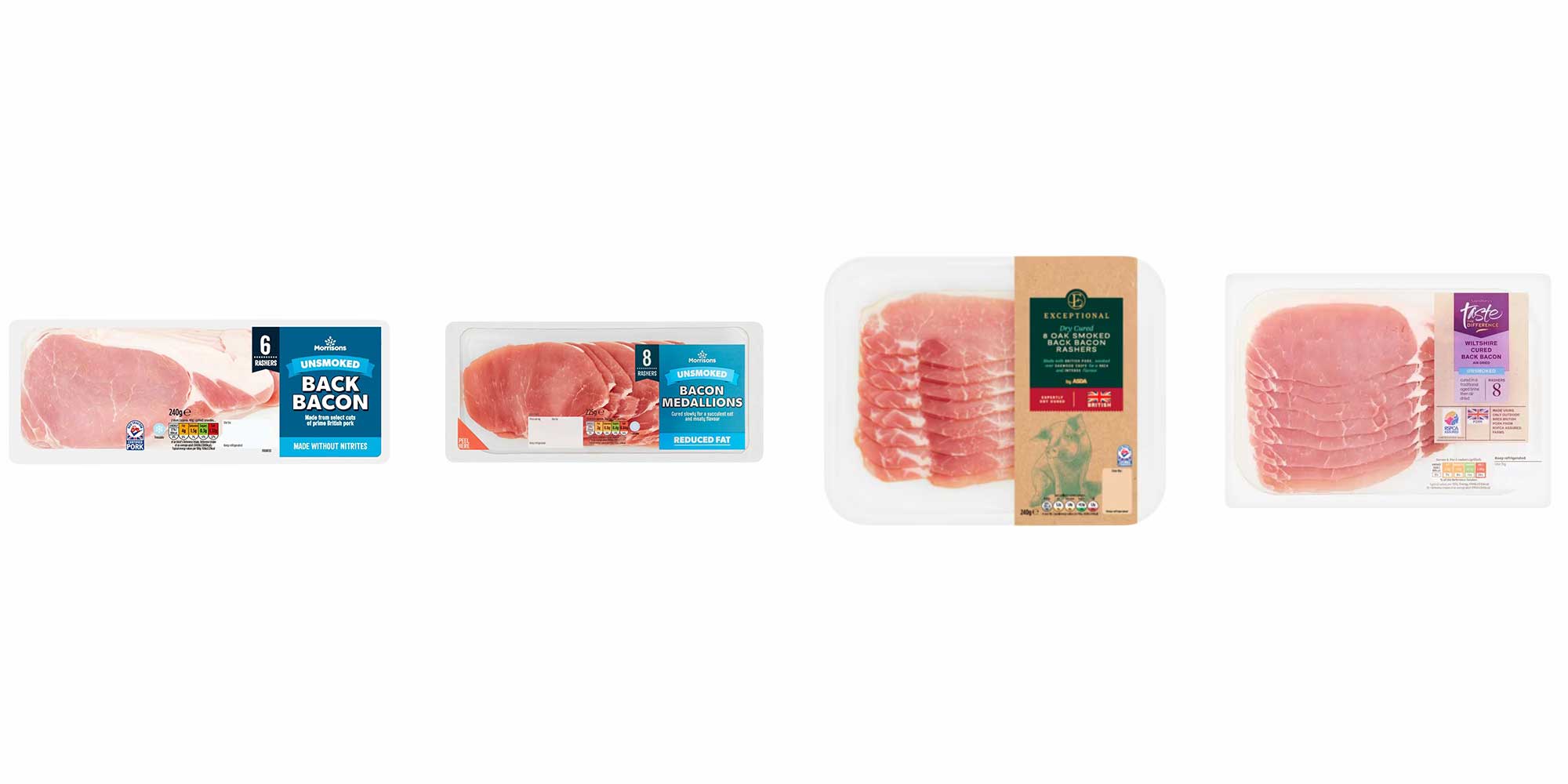 Product shot lineup of lowest saturated fat pork bacon products (when cooked) - namely, Morrisons Unsmoked Back Bacon, Morrisons Unsmoked Bacon Medallions, Asda Exceptional Dry Cured Oak Smoked Back Bacon, and Sainsbury's Taste The Difference Wiltshire Cured Back Back.