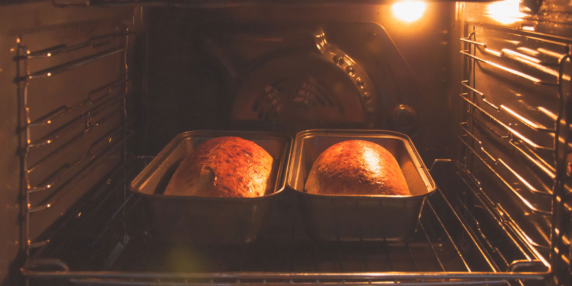 two loaves of bread rising in an oven