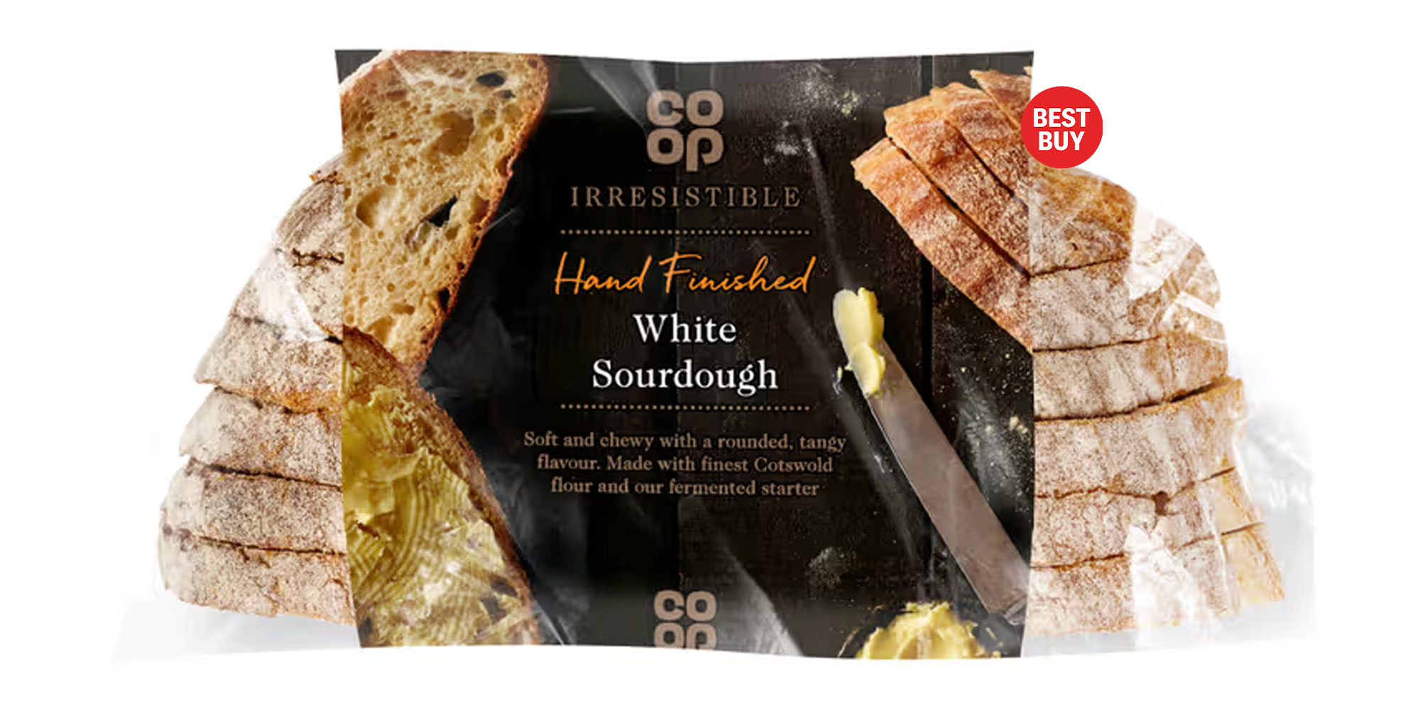 Co-op white sourdough bread with Best Buy logo