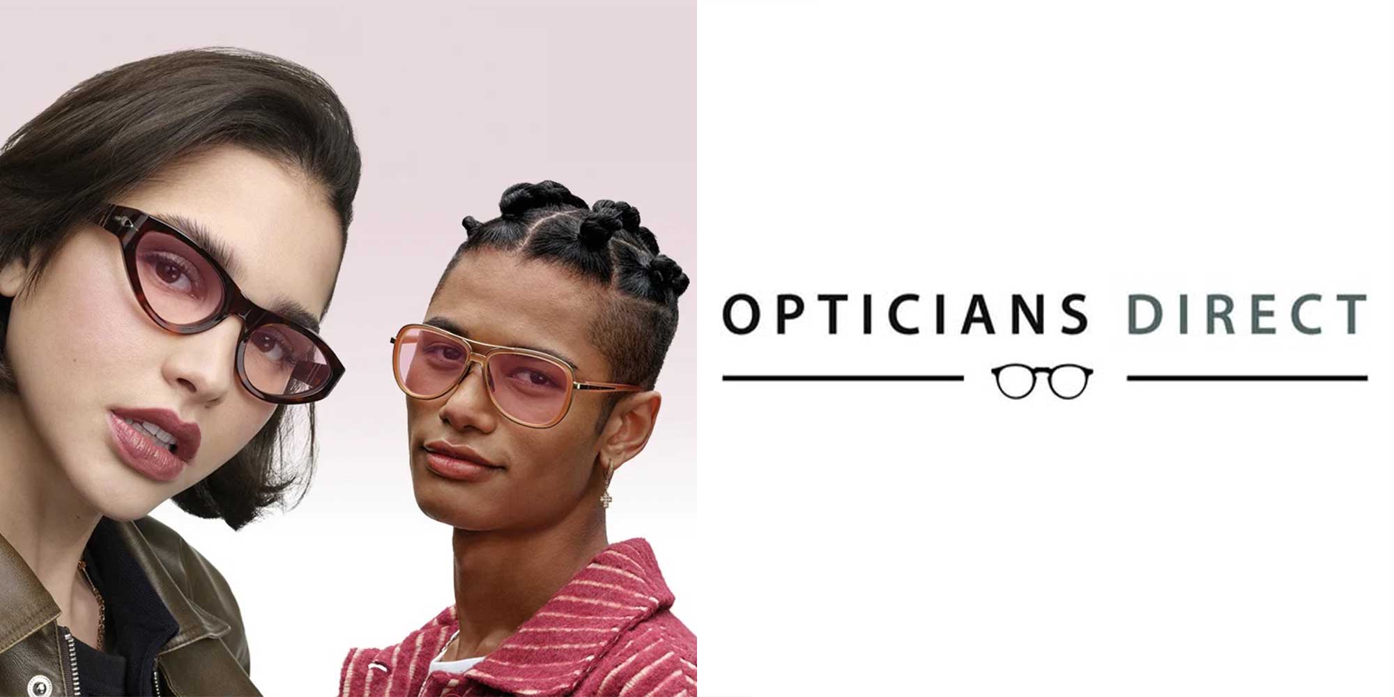 Two women wearing glasses, one in a brown jacket, the other in a red striped shirt, with Opticians Direct logo.