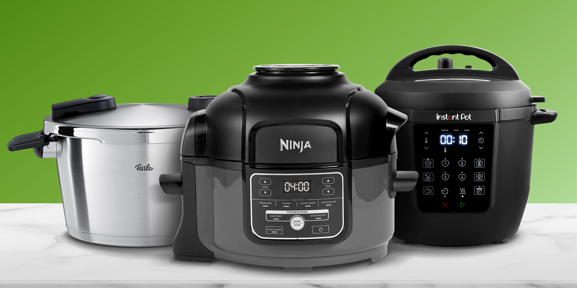 A lineup showing 3 of the pressure cookers we've tested