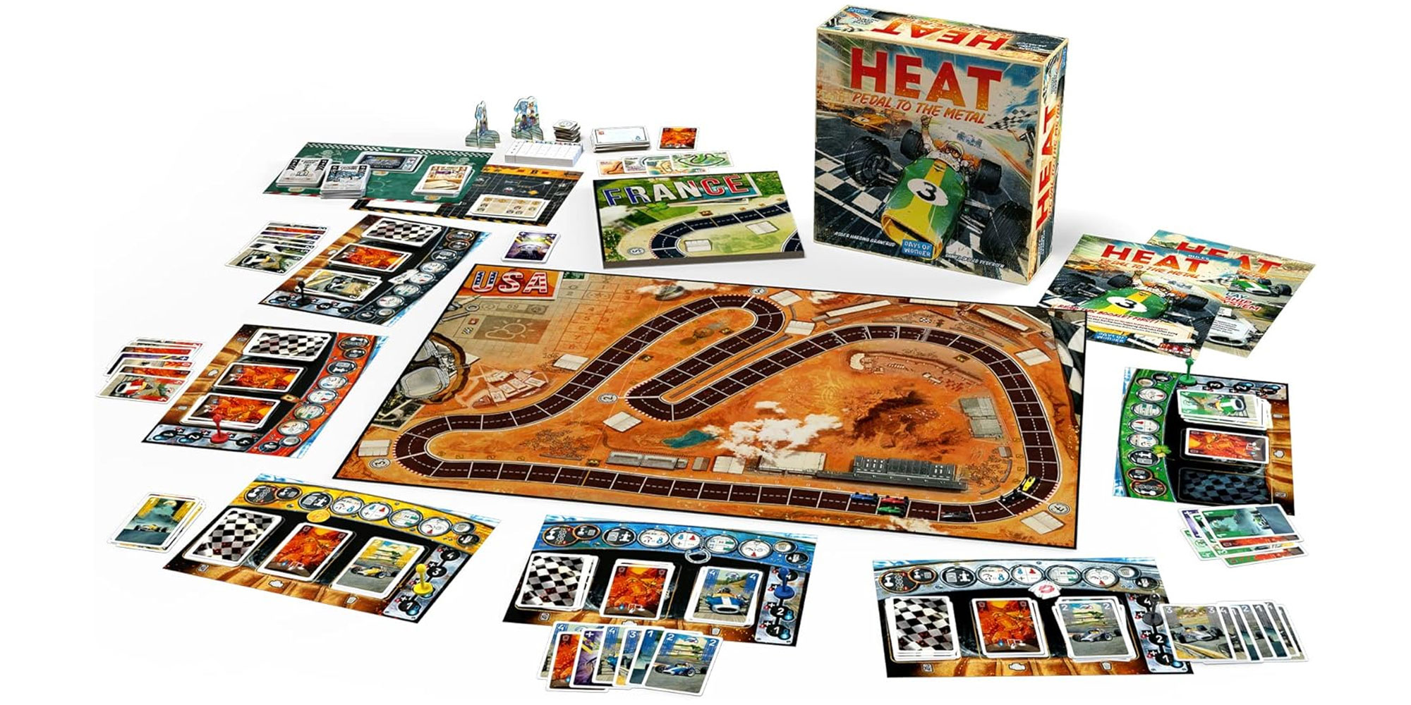 Heat board game displayed on table with the game board and playing cards.