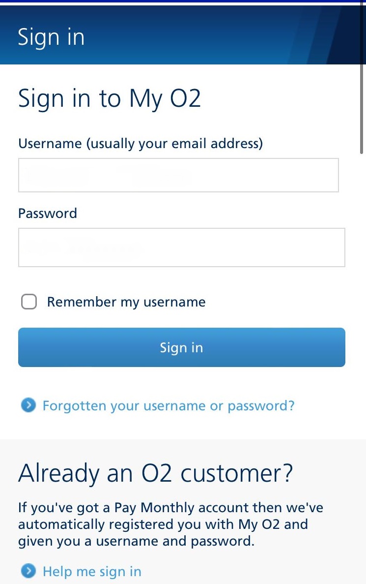 A scam website impersonating O2