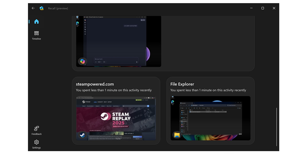 Recall tool on Copilot+ PC