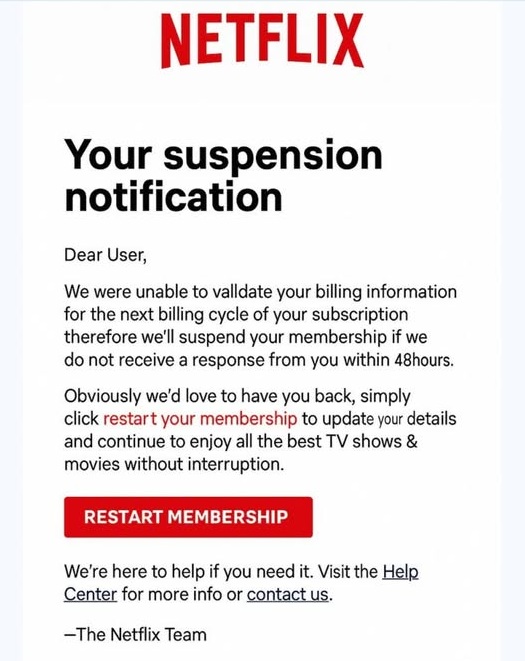 A scam email impersonating Netflix