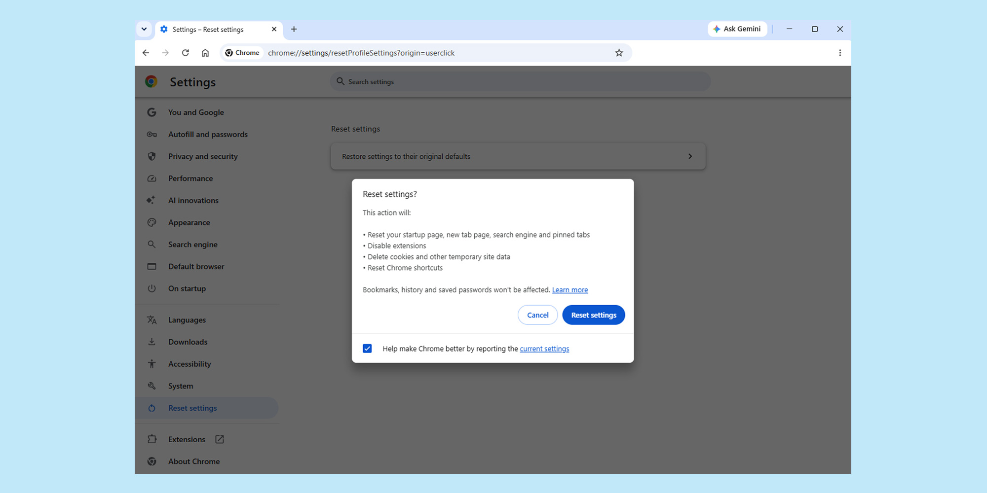 Google Chrome reset screen