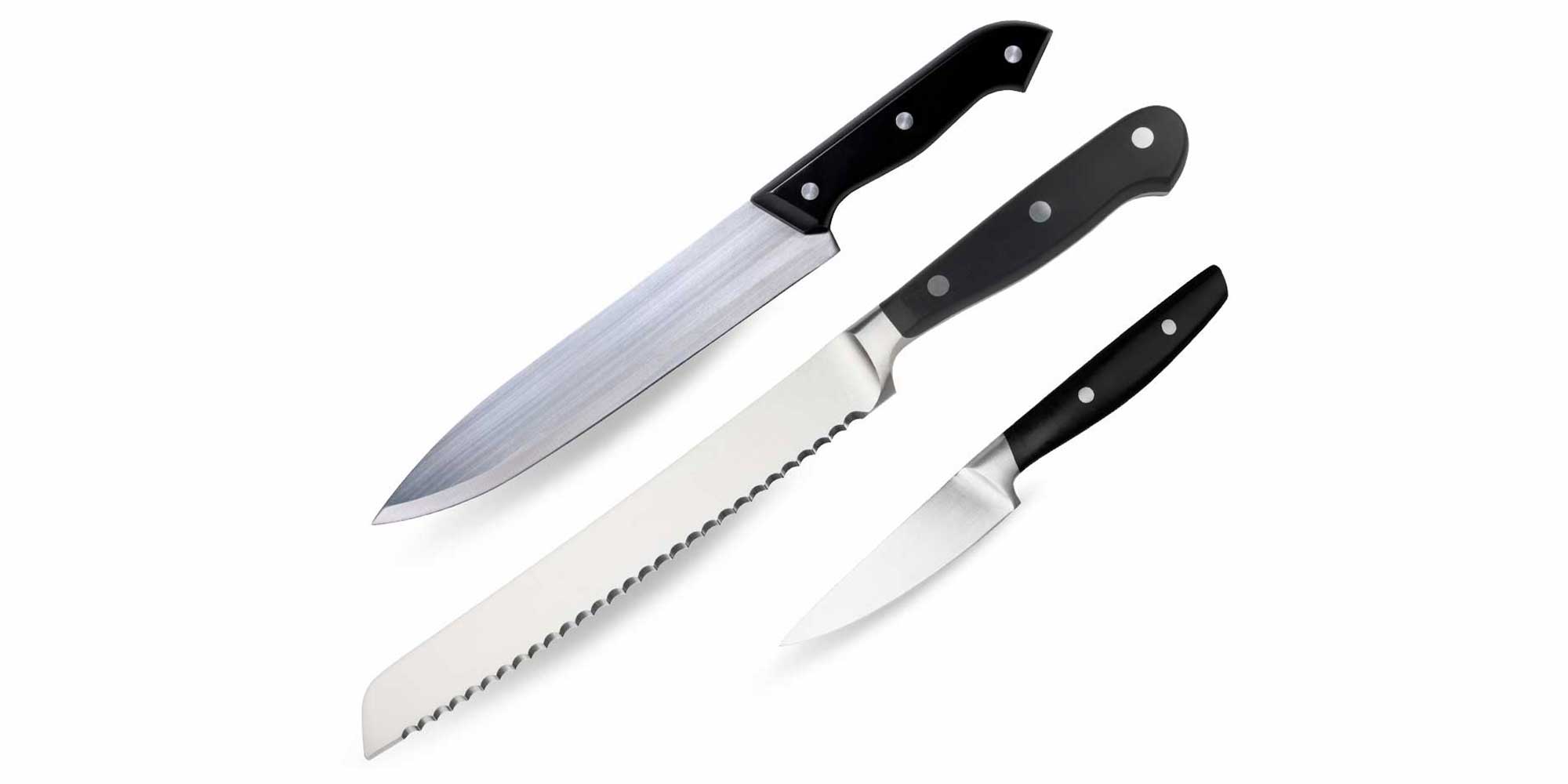 Three knives every kitchen needs (L-R): chef's knife, bread knife and paring knife.