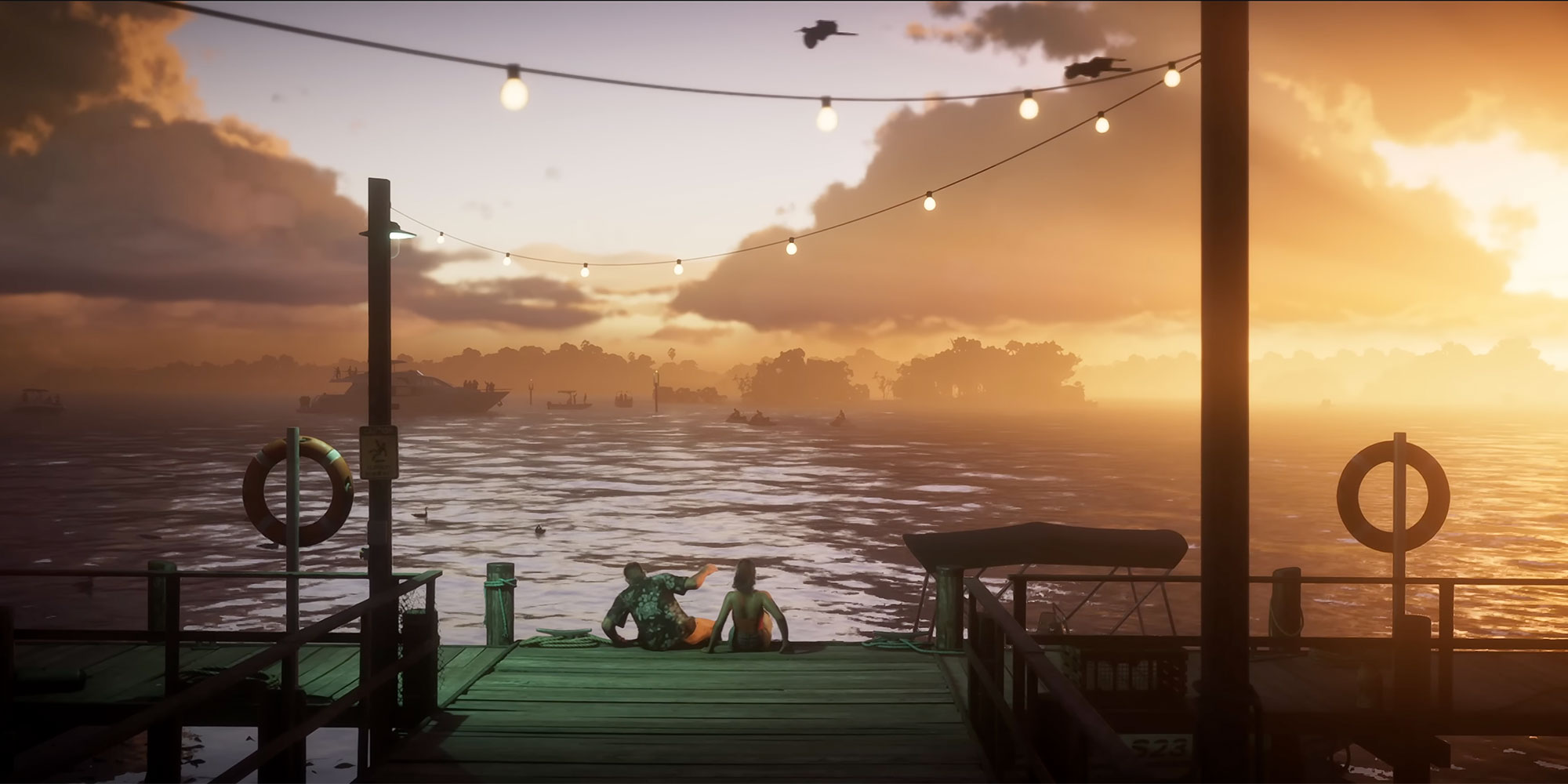 Two people sitting on a dock in GTA 6