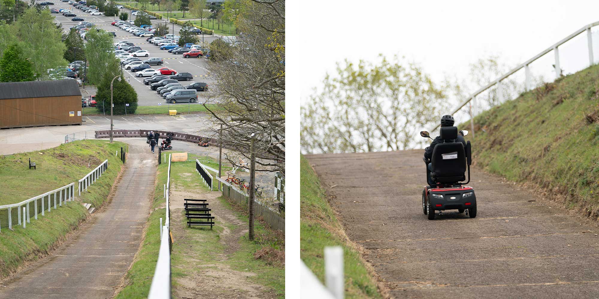 A split image. The left side shows the view looking down the steep test hill at Brooklands. The right side shows a mobility scooter driving up the hill. 