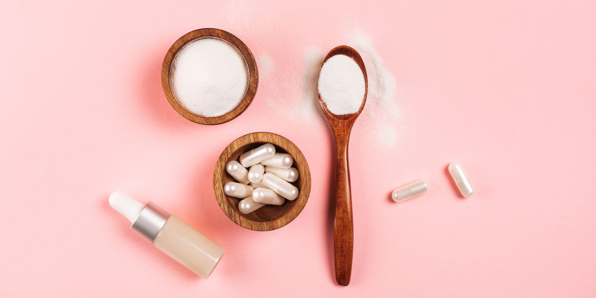 A variety of collagen supplements in pill, powder, and liquid form. 