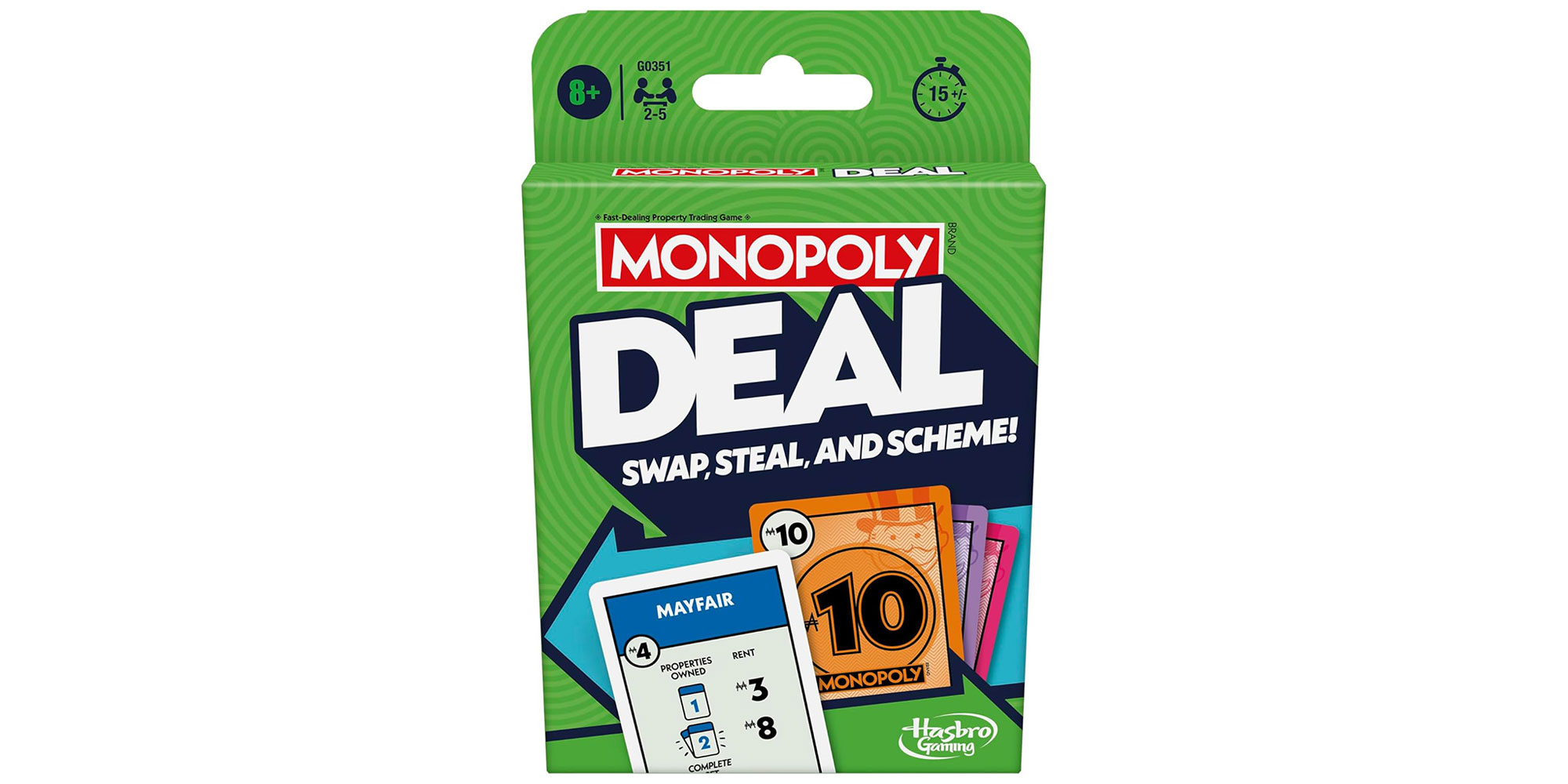 Monopoly Deal card game box with colorful cards and Mayfair card visible.