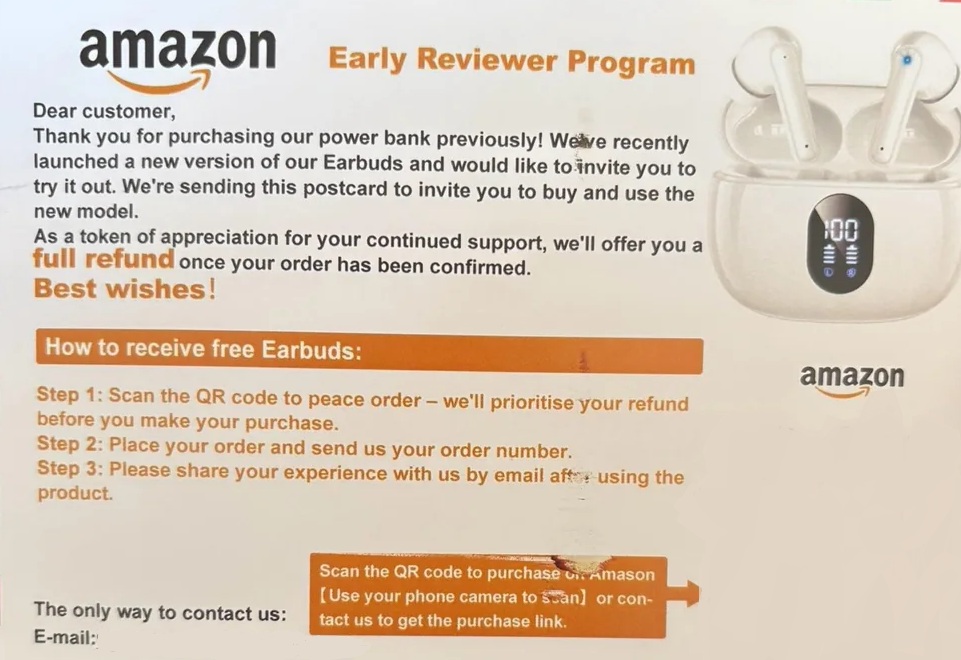 A scam Amazon postcard promoting the 'Early Reviewer Program'