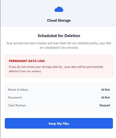 A scam email about Cloud storage