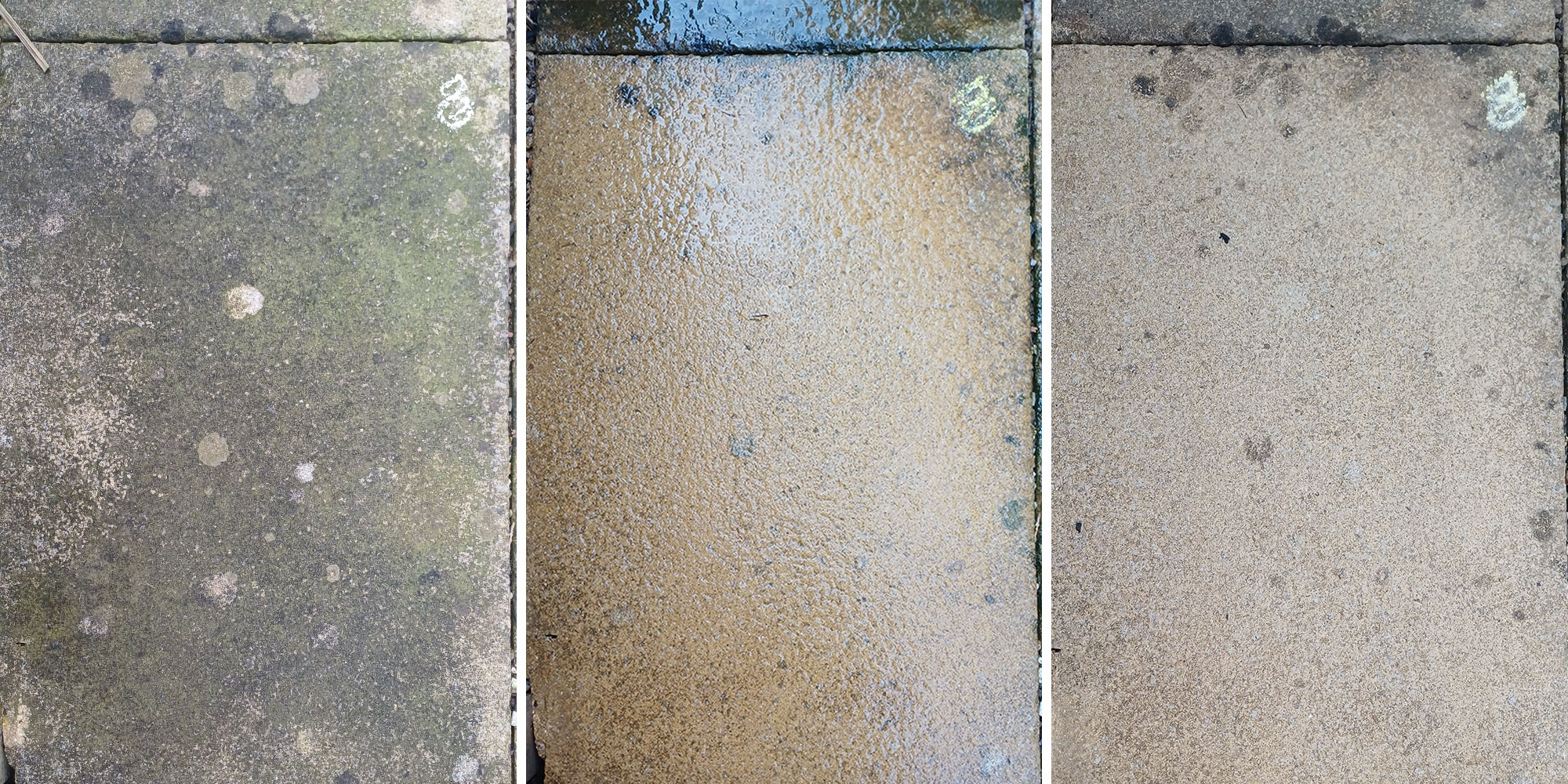 Left to right: before, during and after using a top-performing cleaner on our test patio