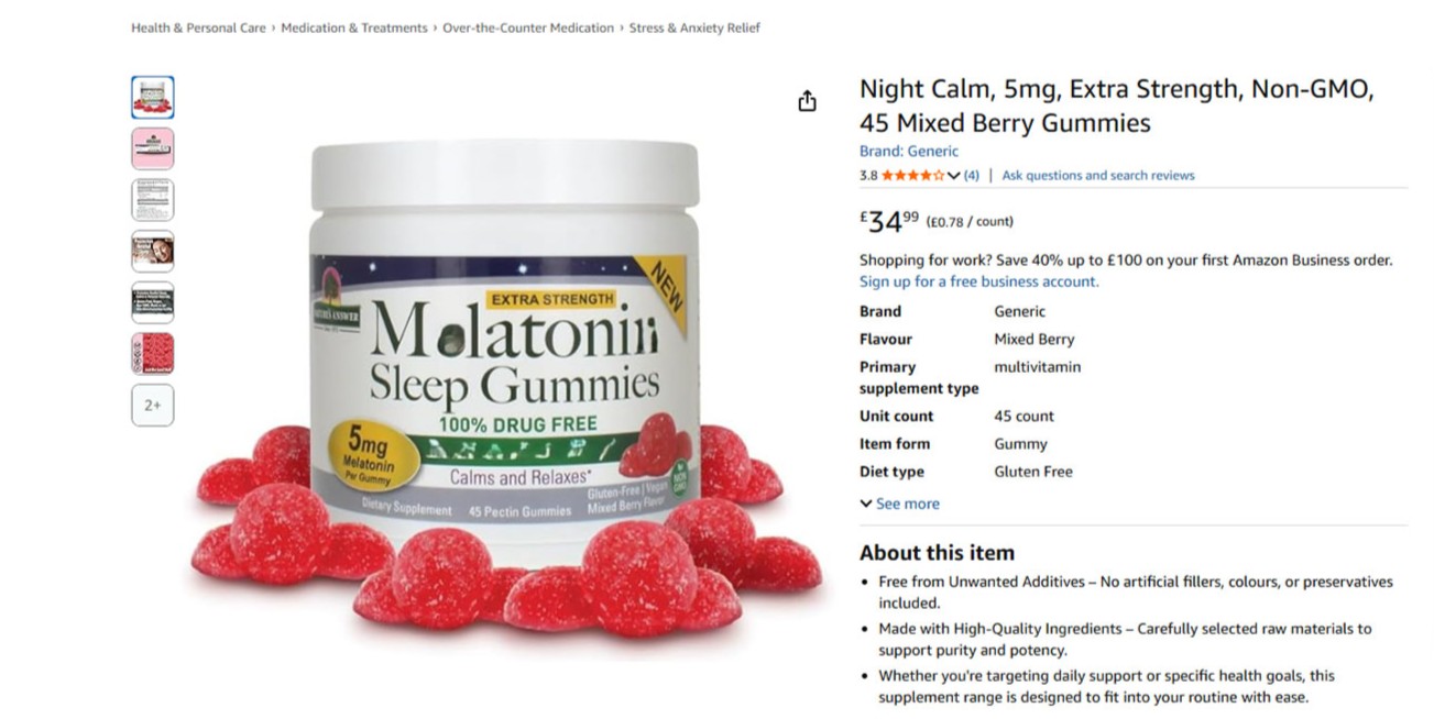 Screenshot of an Amazon product listing with obscured melatonin on image