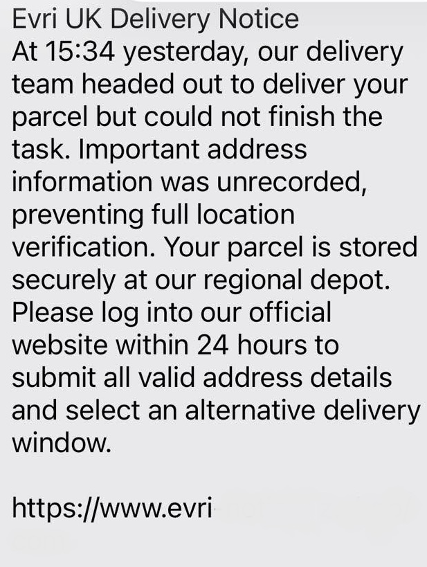 A scam text message impersonating Evri