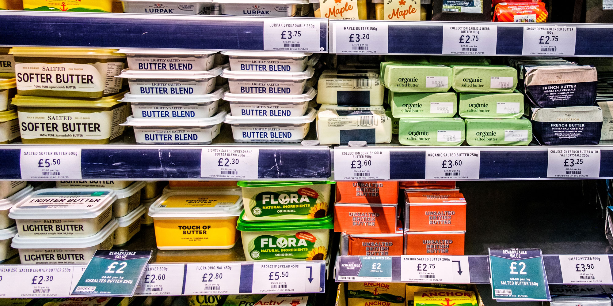 Photo of a supermarket chiller cabinet with various butters and spreads in it.