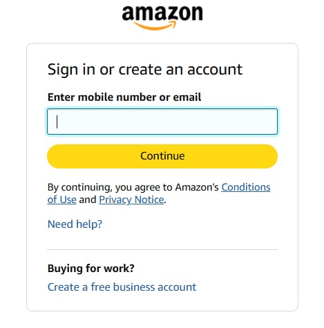 The Amazon login page where the fraudster enters your phone number