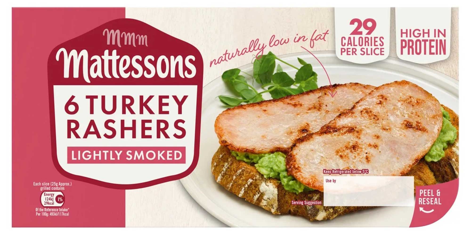 Mattessons Turkey Rashers Lightly Smoked pack shot.