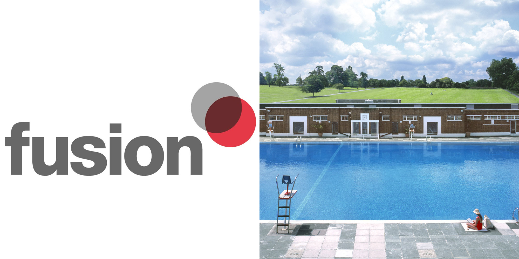 Fusion gym review with logo and exterior pool view 